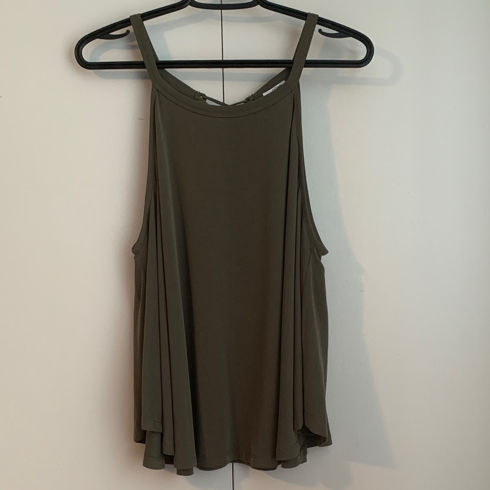 New BP. Olive Green High Neck Sleeveless Curved Flowy Hem Back Tie Top Size XL